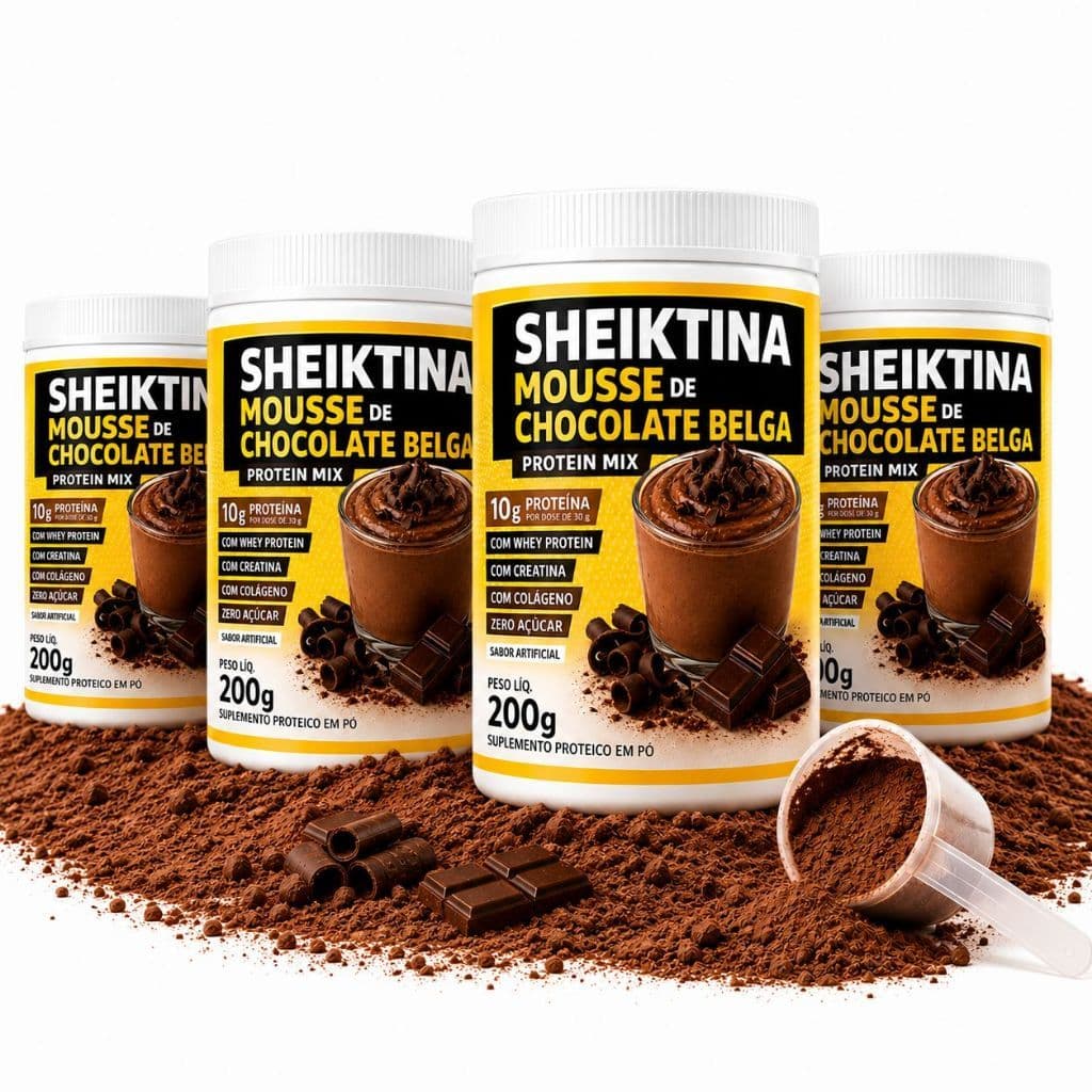 4 Sheiktina Protein Mix 200g – Mousse de Chocolate Belga com Whey Protein, Creatina, Colágeno e Zero Açúcar