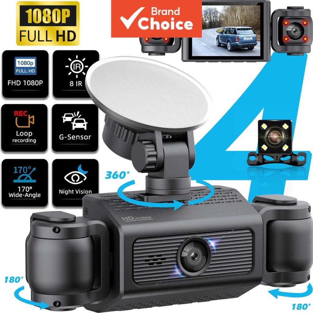 Gravador de Vídeo 4 Canais Dashcam 360° Caixa Preta para Carro DVR Câmera de Gravação de Visão Frontal e Traseira, Visão