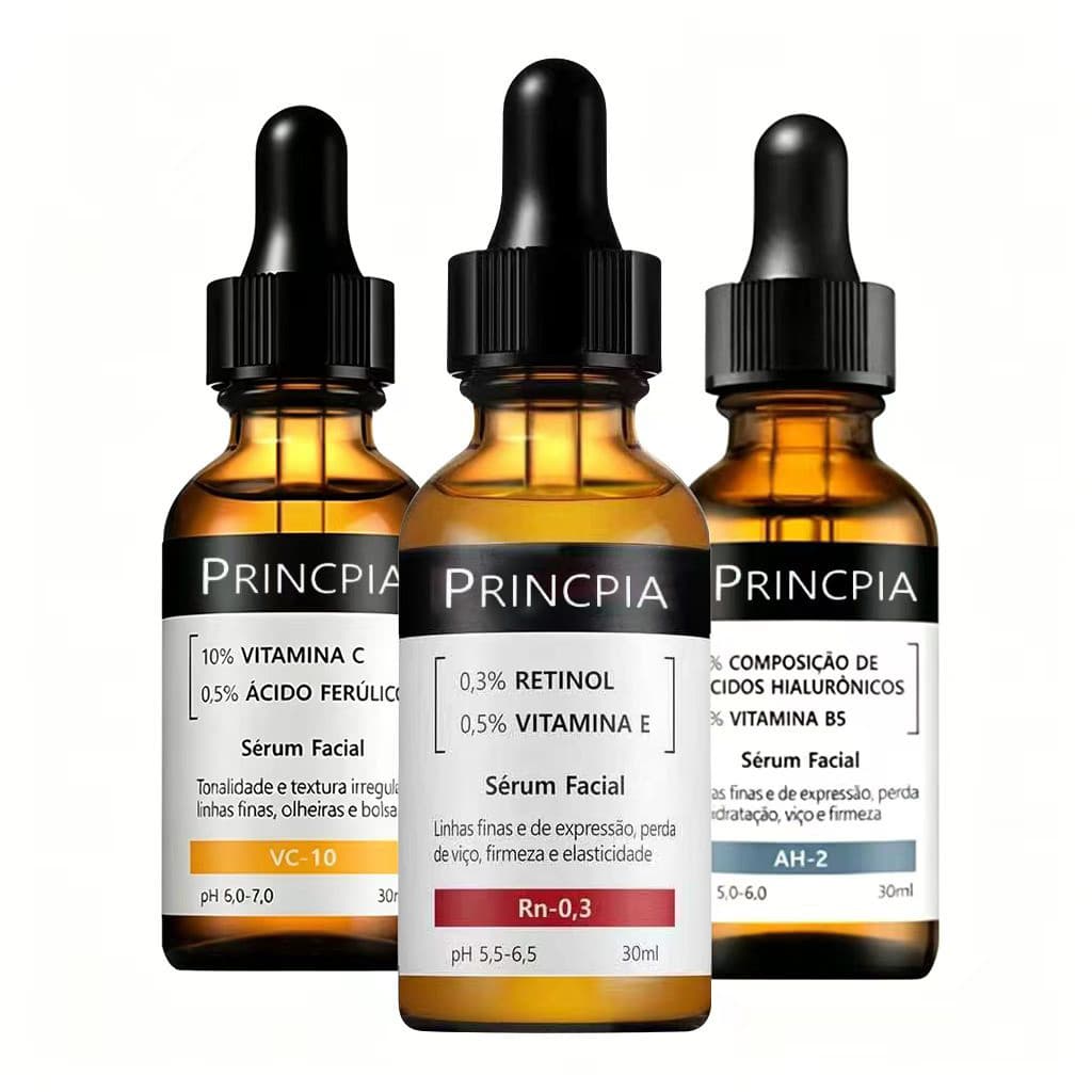 Trio Séruns Faciais, Vitamina C 10% + Retinol 0,3% + Ácido Hialurônico, Clareia, Antissinais e Hidrata Profundamente