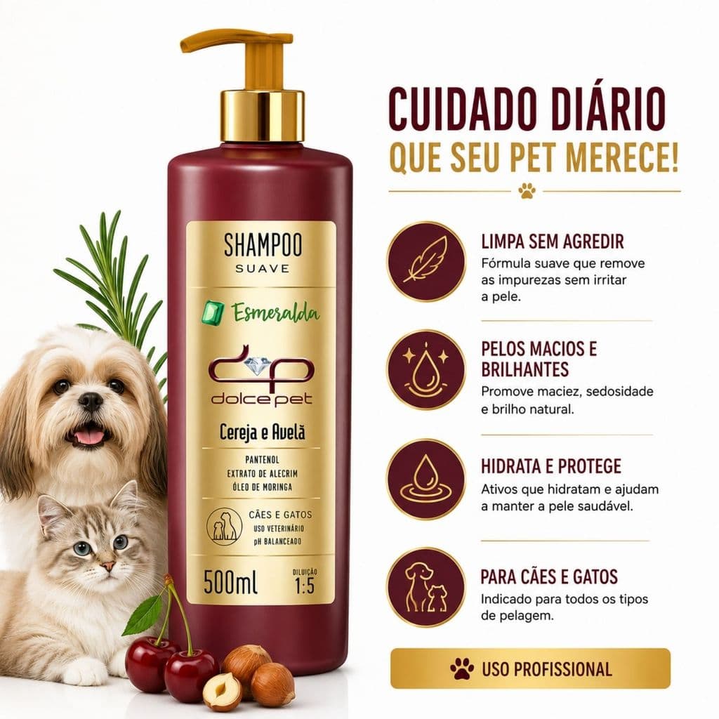 Shampoo Pet Esmeralda Dolce Pet Suave Cereja e Avelã 500ml Para Cães e Gatos Uso Frequente