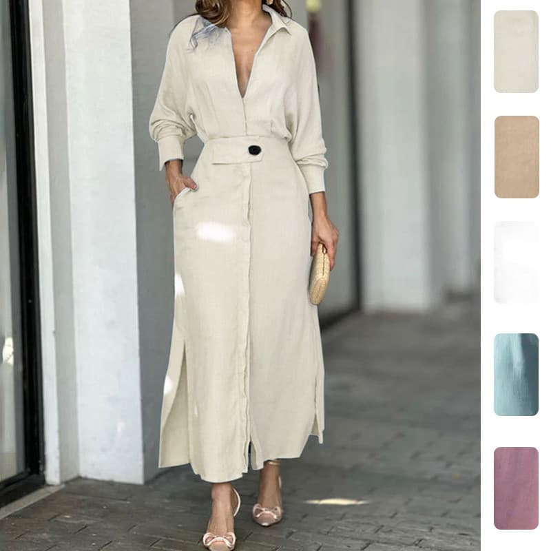 Novo Vestido Feminino de Moda para Exportação Verão 2026, Com Gola, Cintura Marcada, Cinto na Cintura, Vestido Longo Car