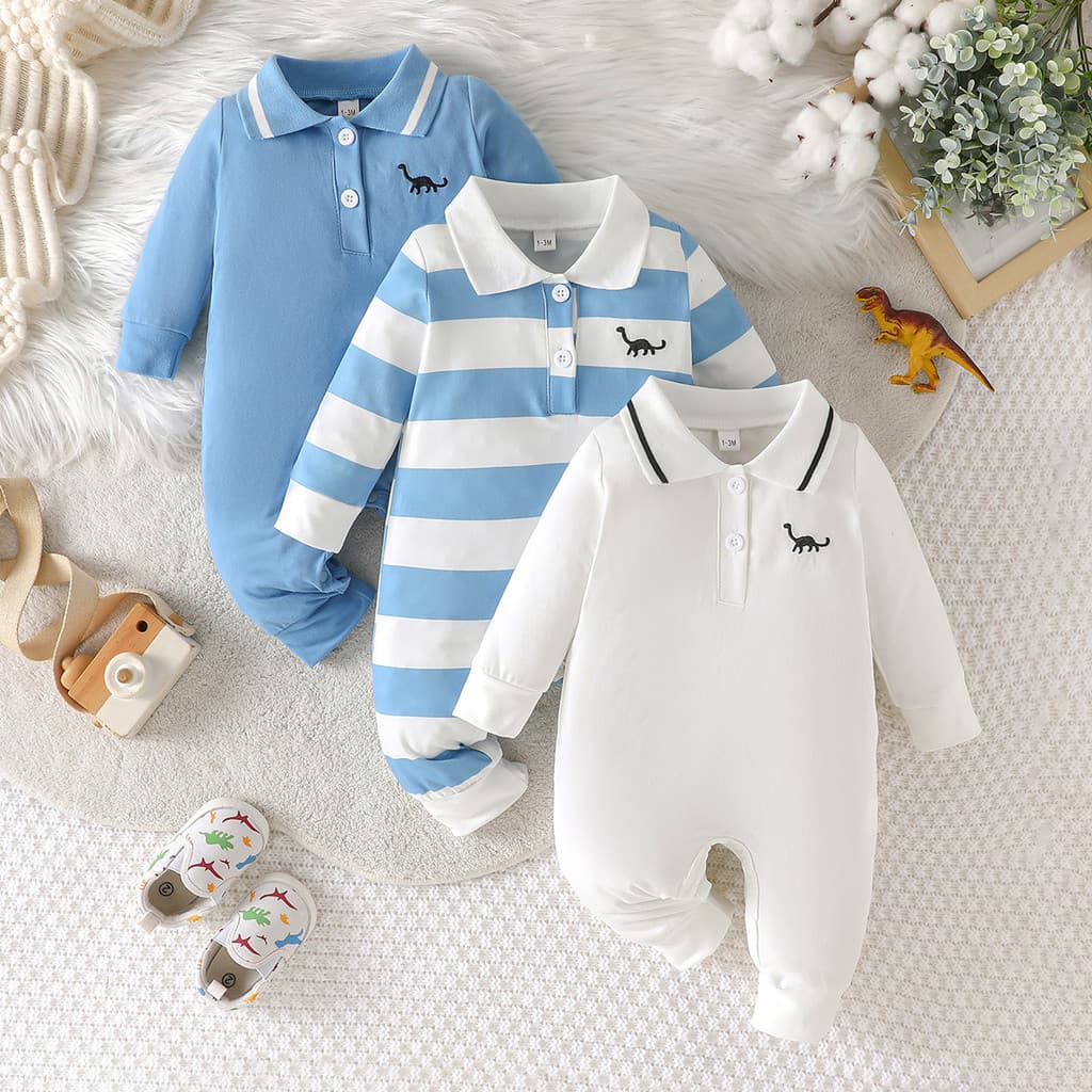 Lucky baby Kit 3 Macacões Bebê Menino Recém‑Nascido Gola Polo Dinossauro Manga Longa Tecido Leve Ideal Para Enxoval Bebê