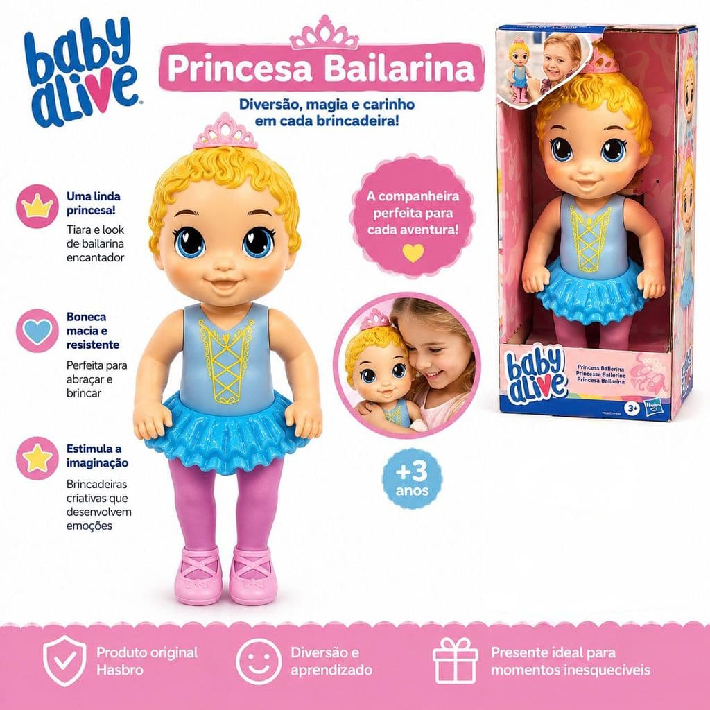 Boneca Baby Alive Doce Bailarina Princesa Hasbro Original Articulada Rosa Brinquedo Infantil Presente