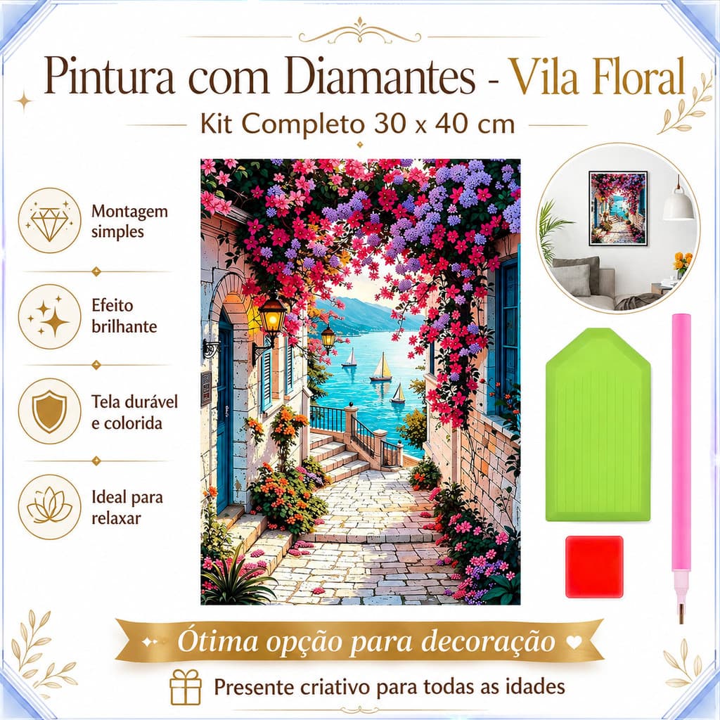 Kit Pintura de Diamante 5D Rua com Flores Estilo Europeu 30x40cm, Quadro DIY para Decoração Residencial