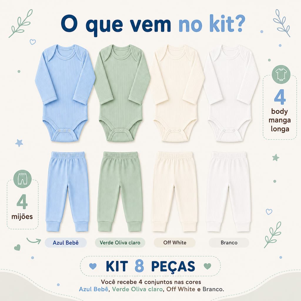 Kit combo enxoval 8 Peças Bebê Suedine Canelado 100% Algodão 4 Conjuntos bore - body e calça-mijão-pagão enxoval unissex