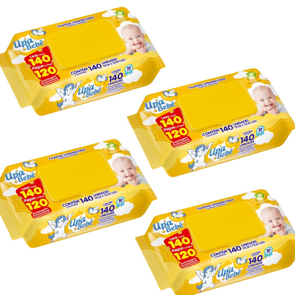 Kit com 4 Lenços Umedecidos 140 unidades - Upa Bebê