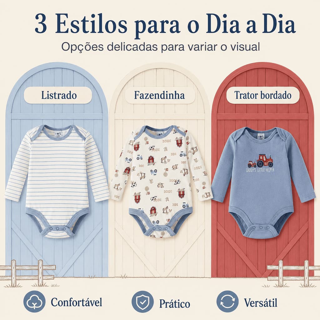 Kit Body Bebê 3 Peças Manga Longa 60% Algodão 40% Poliéster Bodies Infantil Enxoval Roupa Bebê P M G 0 a 9 Meses