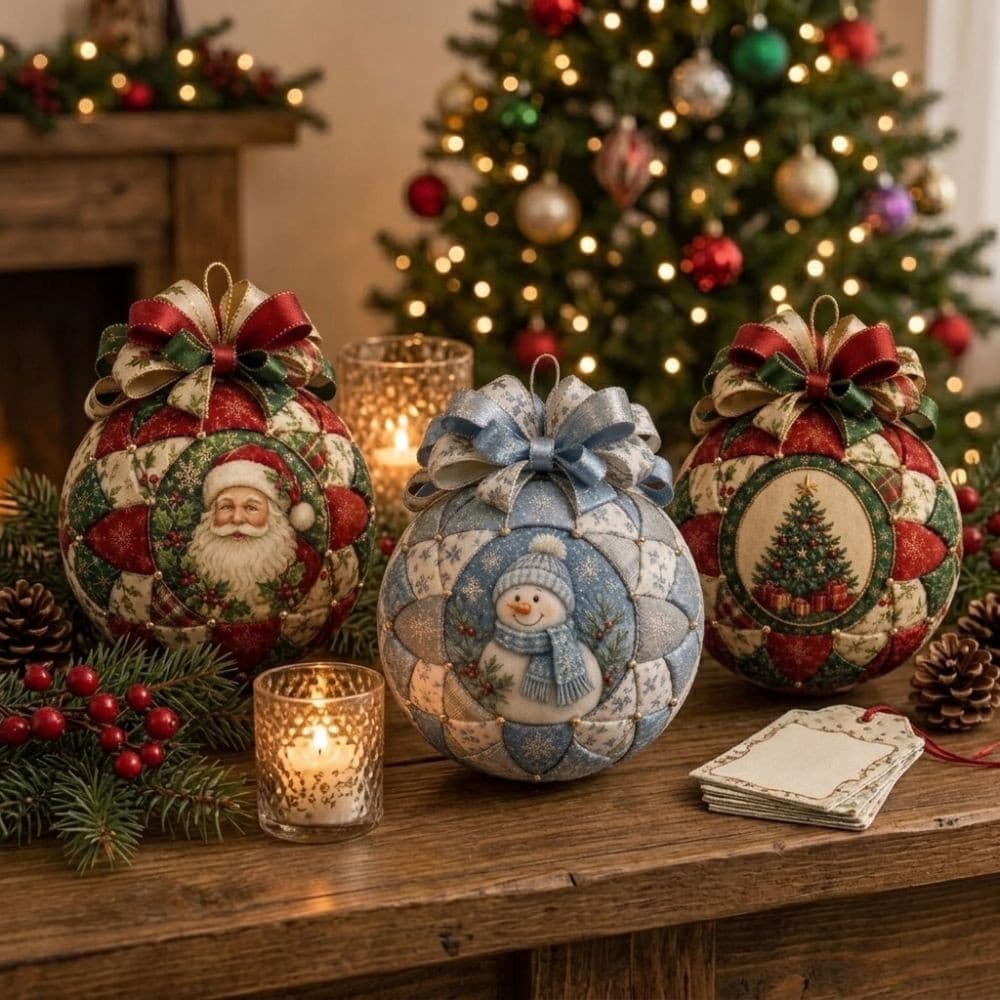 NEDFS Conjunto De Enfeites Acolchoados De Natal , Tecido Xadrez Feito À Mão DIY Patchwork Kit De Bola Com Laço