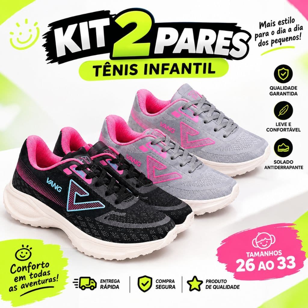 KIT 2 Tênis Infantil Unissex Esportivo Corrida Escola Tenis Premium Confortável  Casual Dia a Dia