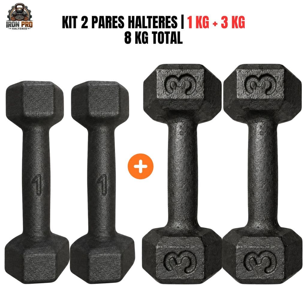 Kit Halter Sextavado Pintado 1 e 3 kg 2 Pares 8 kg Total Fisioterapia Musculação Academia CrossFit Treino Funcional Fitn