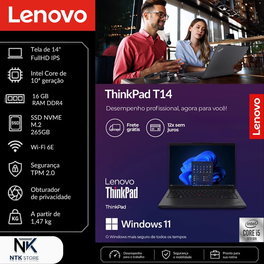Notebook Lenovo ThinkPad T14 Intel Core i5 10th /16gb ram / 256gb ssd /Tela 14"FHD