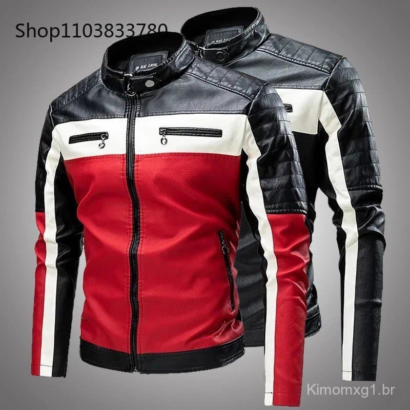 Jaqueta de Couro Masculina com Gola Alta para Outono e Inverno, Jaqueta de Couro Masculina com Patchwork, Casaco Masculi