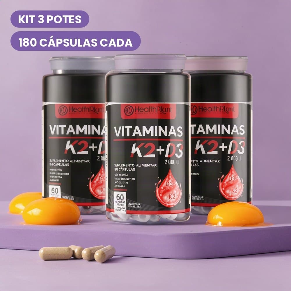 Vitamina K2 + Vitamina D3 2000UI 180 Cápsulas Kit 3 Potes 500mg Suplemento Alimentar NUTRI CORE