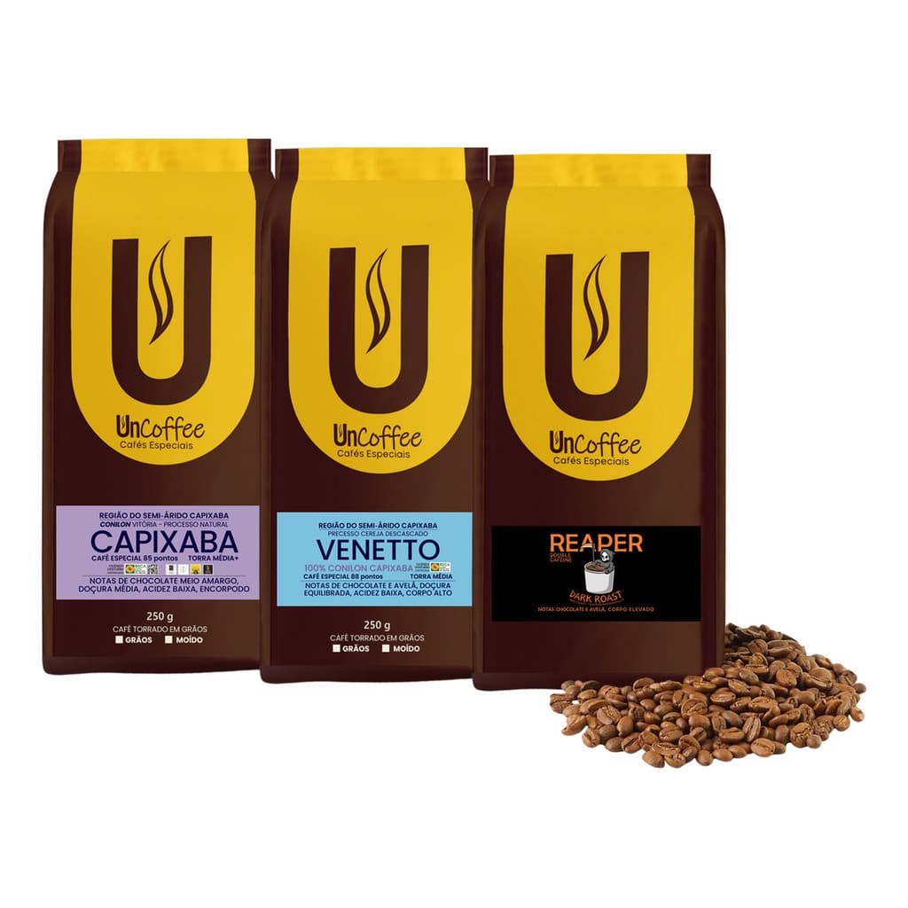 Café Especial UnCoffee  Trio 100% Robusta • 3×250g em Grãos • Linha Raridades Conilon