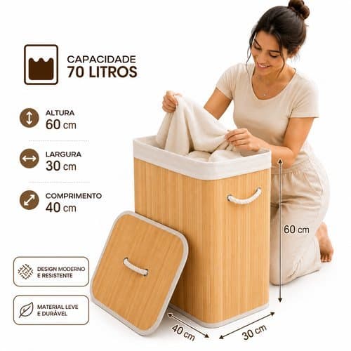 Cesto Organizador Grande 70 Litros Cesto de Roupa com Tampa Alças Bambu Natural Dobrável Multiuso Lavanderia Banheiro