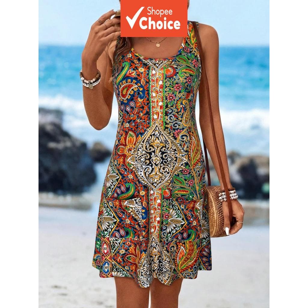 Vestido Feminino Sem Mangas Gola U Mini Vestido Vintage com Estampa Paisley Étnica Solto Linha A com Bolsos, Vestido de