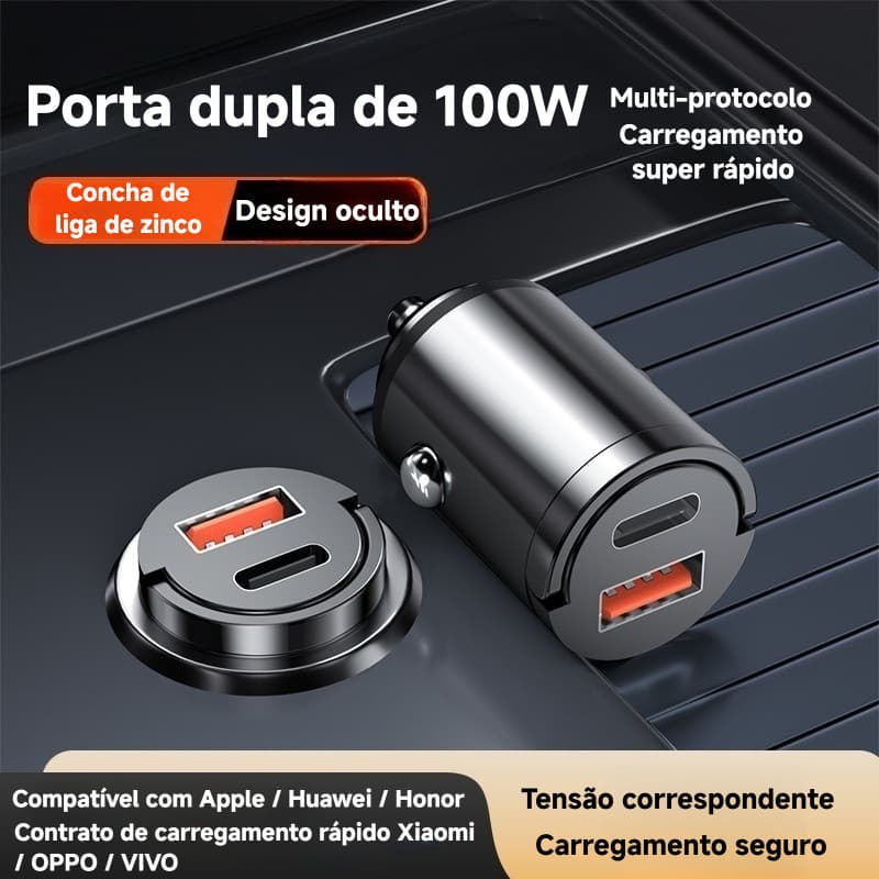 Carregador de carro invisível de carga Super rápida 100W Carregador de carro adequado para Apple Huawei Plugue de conver