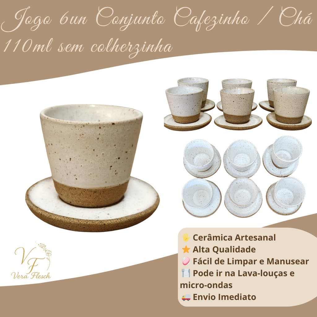 Jogo Copinho + Pires 6un Conjunto Cafezinho / Chá 110ml em Cerâmica Artesanal Orgânica /Luxo / Retro