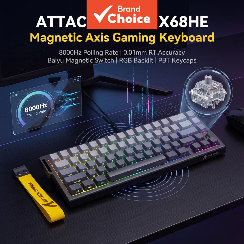 Teclado Mecânico Magnético Attack Shark X68HE, Interruptor Baiyu, Taxa de Polling de 8000Hz, Precisão RT de 0,01 mm,