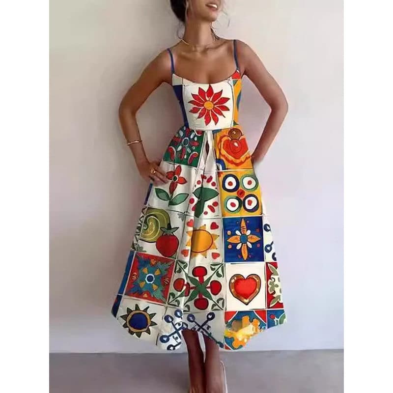Vestido vestido vestido2026 moda feminina estampada plissada cintura estreita vestido grande com alça oscilante