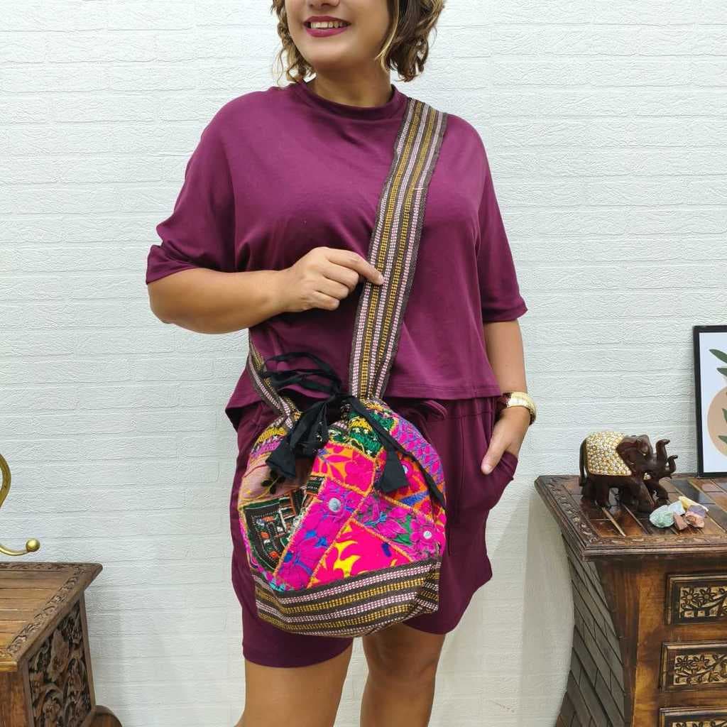 Bolsa Média Indiana Bordada Tecido Patchwork Sem Zíper F