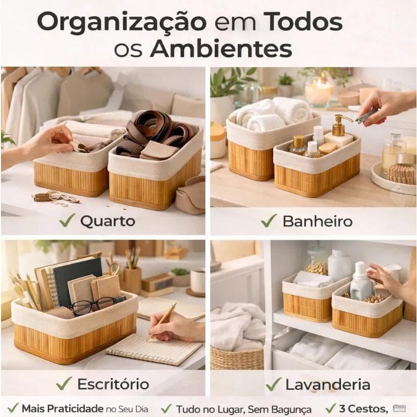 Kit 3 Cestos Organizadores de Bambu com Forro Lavável Multiuso para Casa Cozinha Banheiro