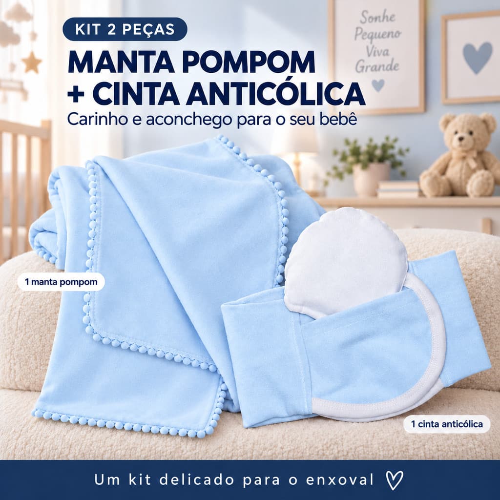 Kit Bebê Manta com Pompom e Cinta Anticólica - Conforto e Estilo para o Enxoval Infantil