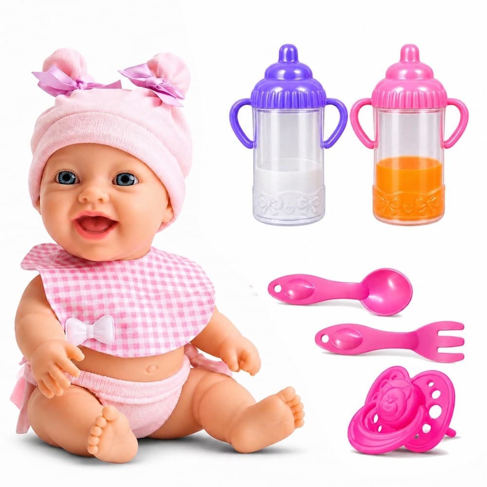 Kit com Boneca Bebê Papinha Articulada com Mamadeiras Mágicas Chupeta Colher Garfo e Babador