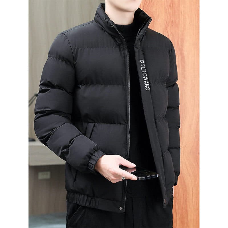 Jaqueta acolchoada com gola alta, jaqueta masculina espessada quente e curta para pão, jaqueta acolchoada preta da moda,