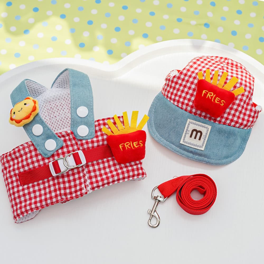 Conjunto de Coleira e Guia para Pets com Estampa de Batatas Fritas, Colete Xadrez Vermelho para Cães, Fantasia de Passei