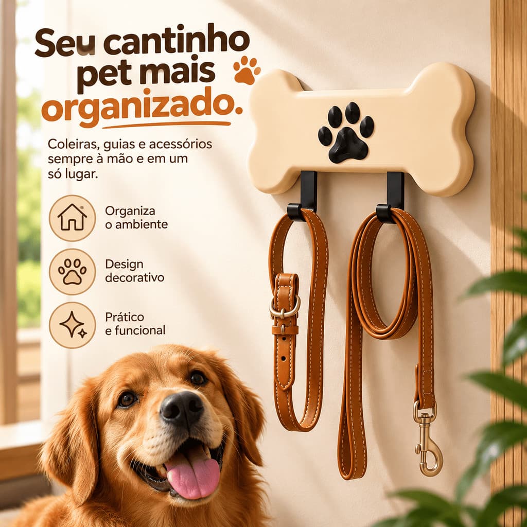 Porta Coleira e Guia Pet Osso Decorativo Cachorro - Suporte de parede para Coleira Guia