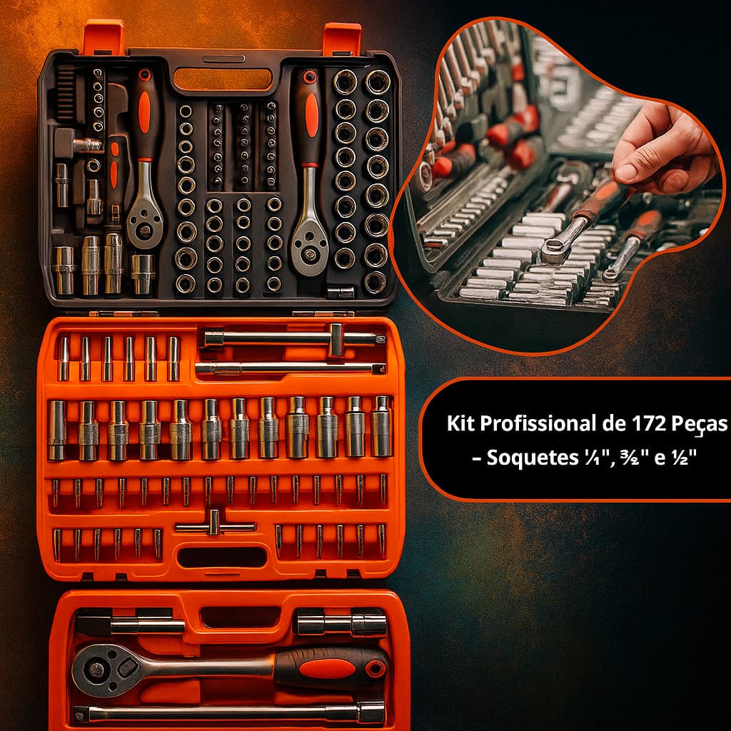Kit Profissional 172 PÇ Aço cromo Caixa Ferramentas Jogo Soquete Chave Catraca Allen Universal Multiuso Casa Automóvel