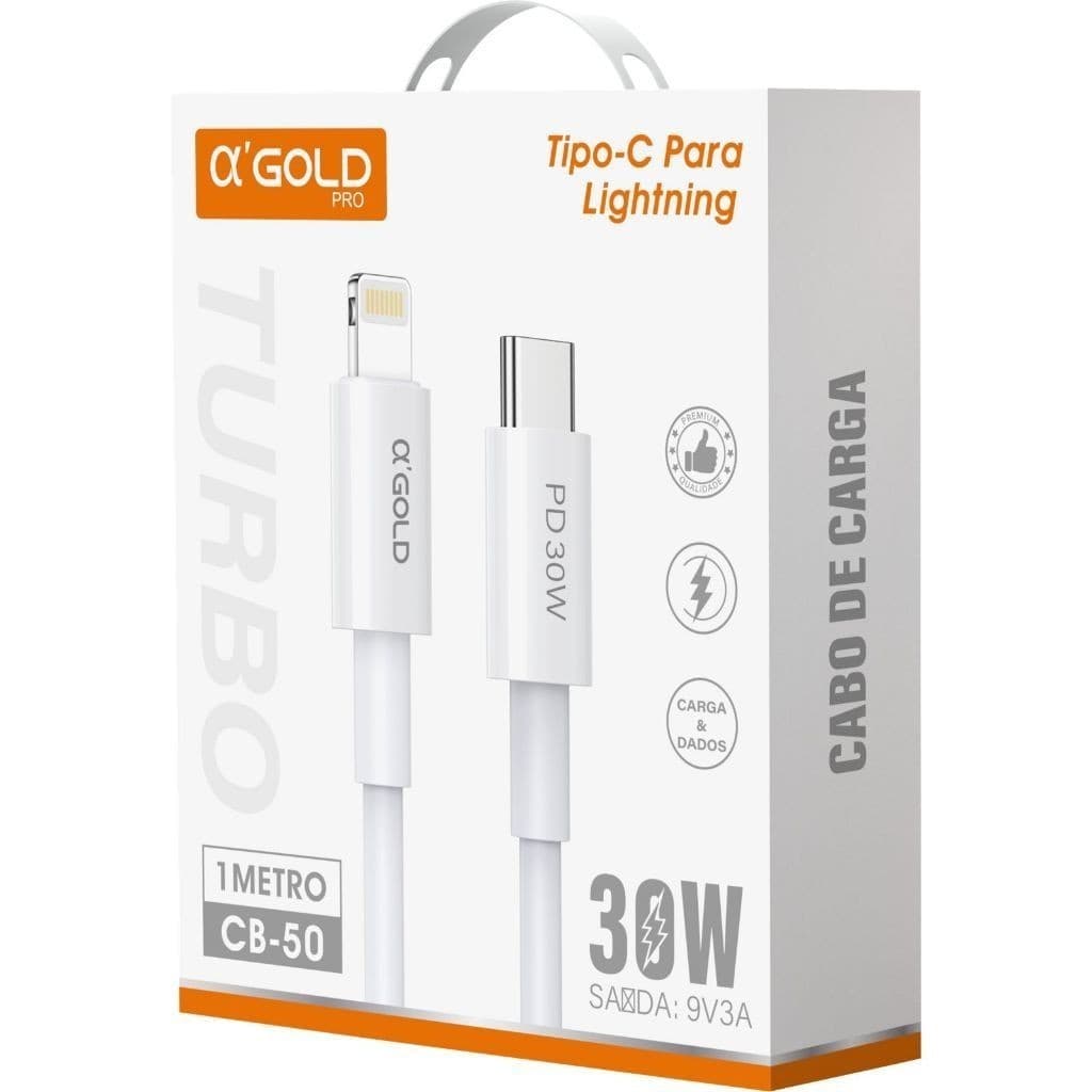 Cabo Turbo A'Gold CB-50 Tipo-C Para Lightning 30W Compatível iPhone  14 13 12 Carregamento Rápido Original