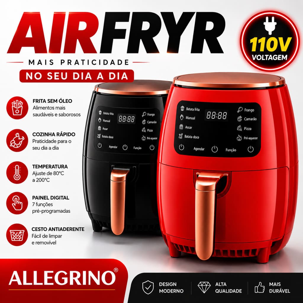 Air Fryer Digital Fritadeira Elétrica 110V Painel Touch 4.5L Antiaderente Cozinha Silenciosa