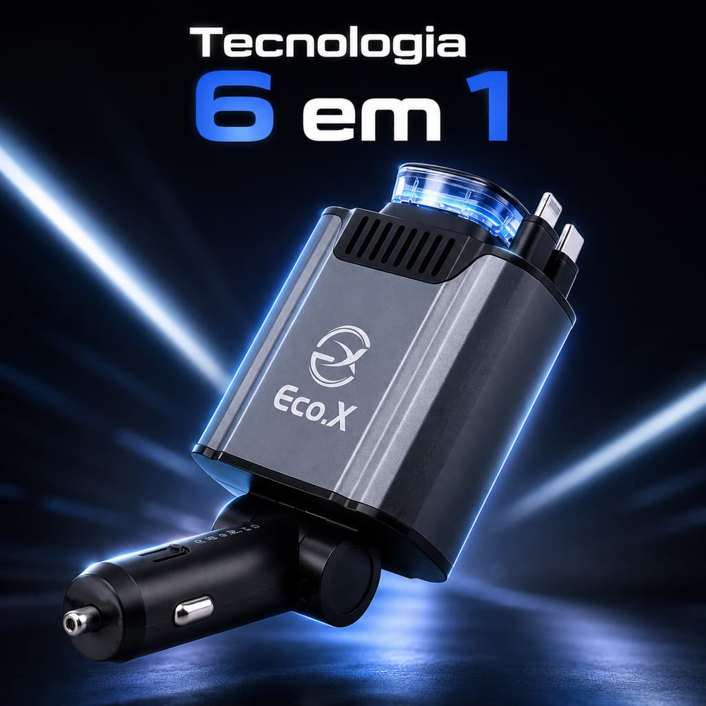 Carregador Veicular 45W Eco.X 6 em 1 com Cabos Retráteis USB-C e Lightning | Aromatizador Recarregável | Quebra-Vidro