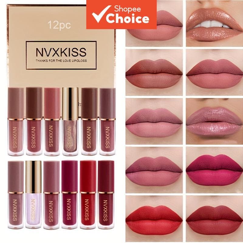 NVXKISS Conjunto com 12 Brilhos Labiais Matte & Shimmer, Kit de Batom Líquido à Prova d'Água de Longa Duração, de Nudes