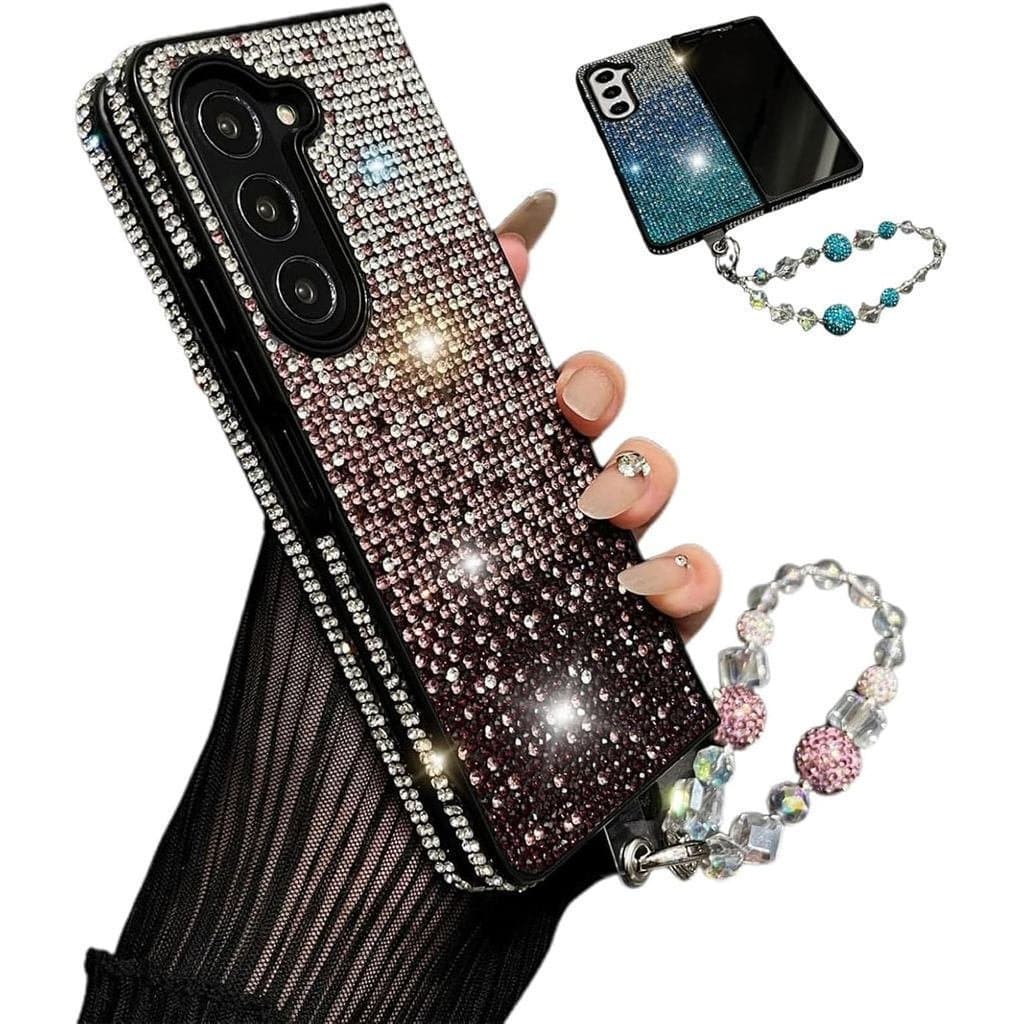 Capa de celular Samsung com diamantes, com cor gradiente brilhante e cordão, luxuosa capa de celular Samsung Galaxy Z co