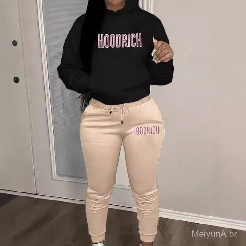 Conjunto casual de moletom com capuz e calça de moletom para comércio exterior, com estampa da marca HOODRICH, conjunto 