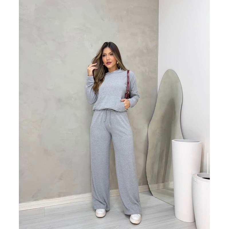 Conjunto Moletom Feminino Inverno Casual com Calça Wide Leg e Blusa com Capuz