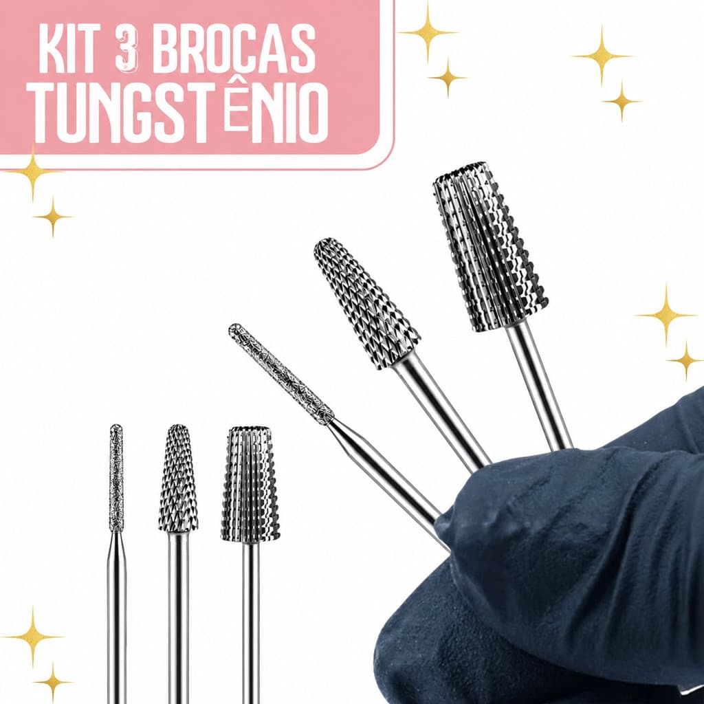 Kit 3 Brocas Tungstênio Profissional Unha Gel Porcelana Nail Completo