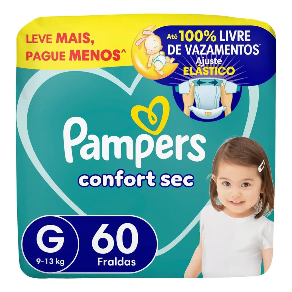 Fralda Pampers Confort Sec G 60 Unidades Descartável Bebê Infantil 9 a 13kg Ajuste Elástico