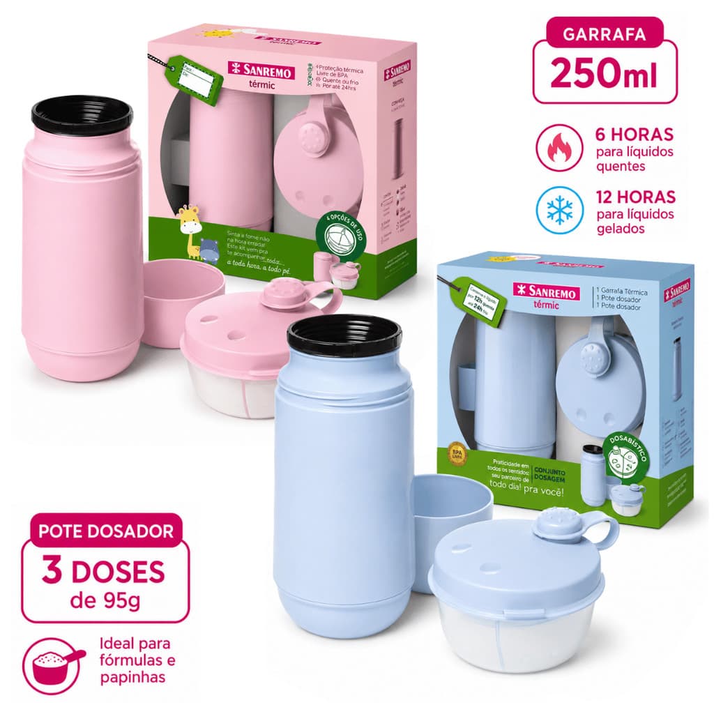 Conjunto Passeio Garrafa Térmica Infantil 250ml + Pote para Leite em Pó 3 Doses Sanremo