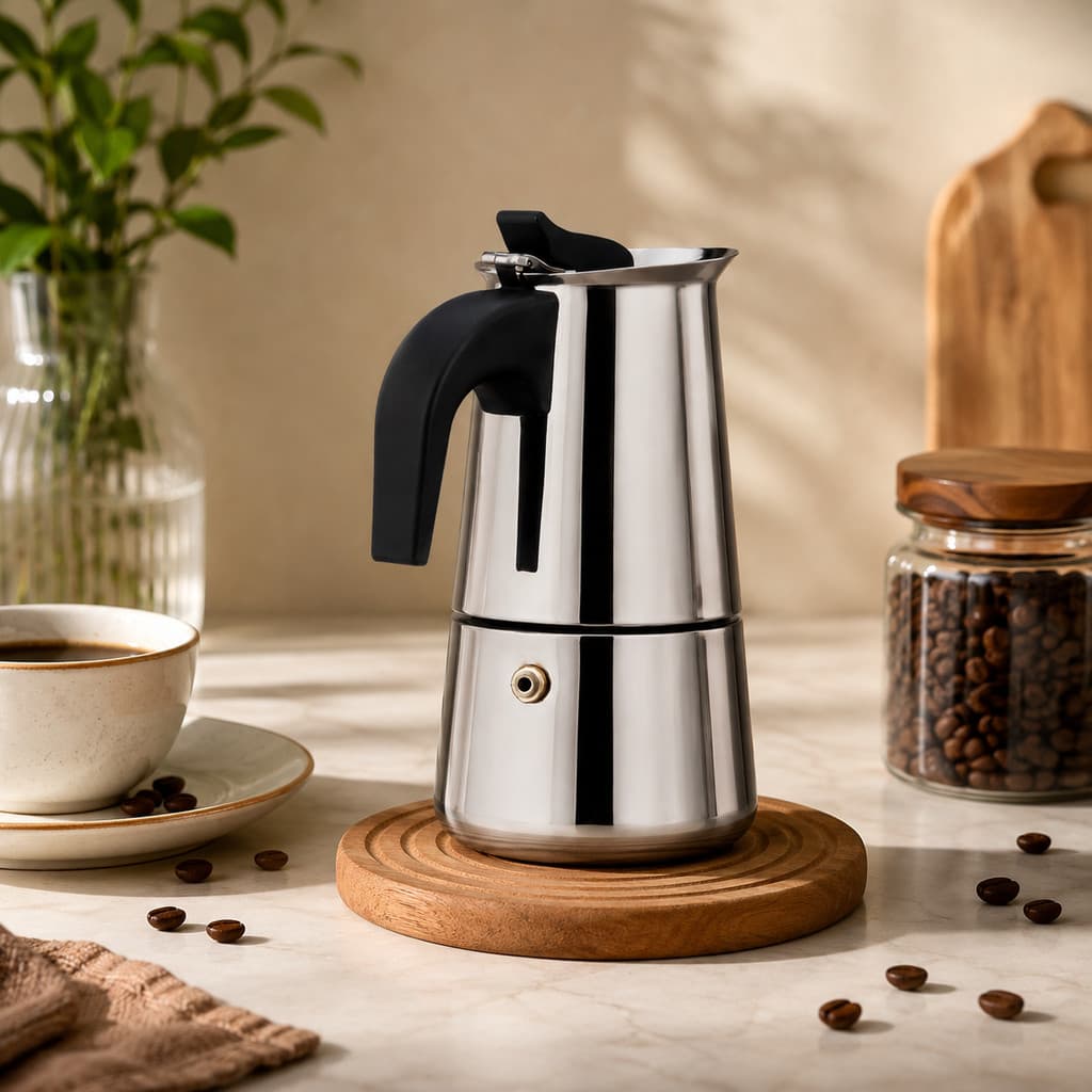 Cafeteira Moka Italiana Aço Inox para Café Expresso Fogão Prática Cozinha Cabo Preto