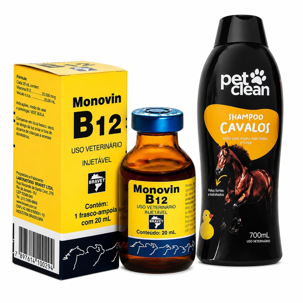 KIT SHAMPOO PET CLEAN PARA CAVALOS 700 ML + MONOVIN B12 BRAVET 20 ML
