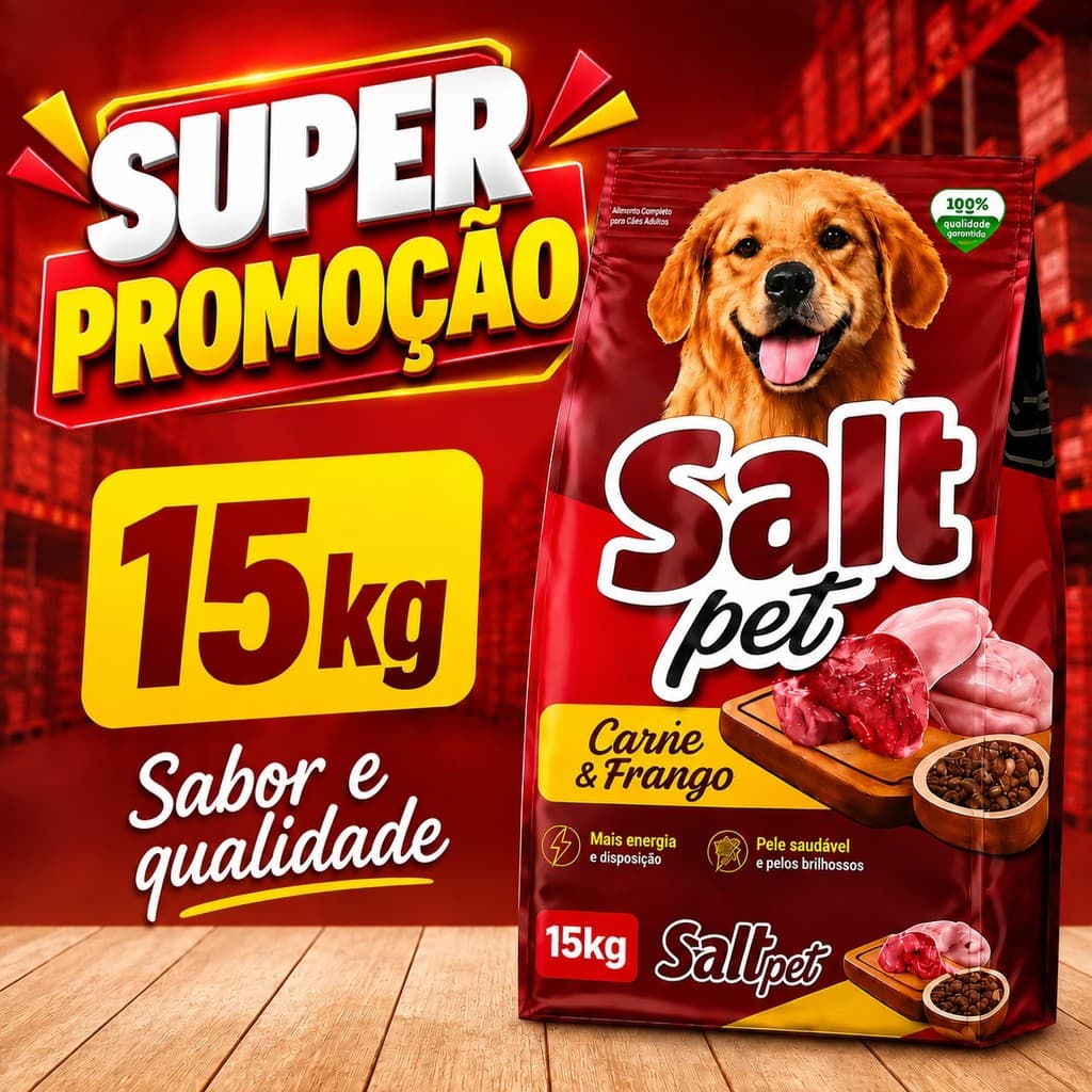 Ração para Cachorro Cães Adultos Salt Pet 15kg Sabor Carne e Frango Premium cães