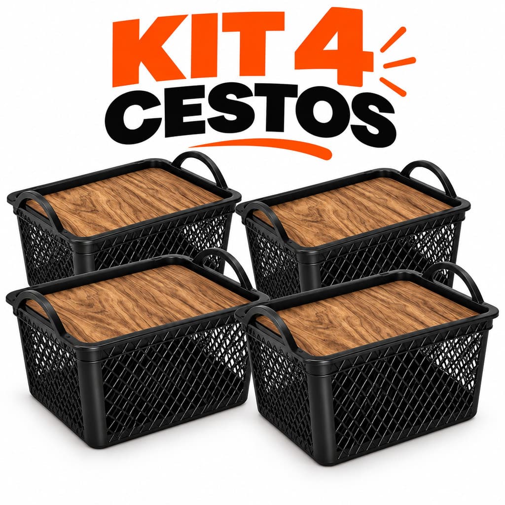 Kit Cestos Organizadores 8L com Tampa Efeito Madeira Preto Multiuso Banheiro Quarto Lavanderia