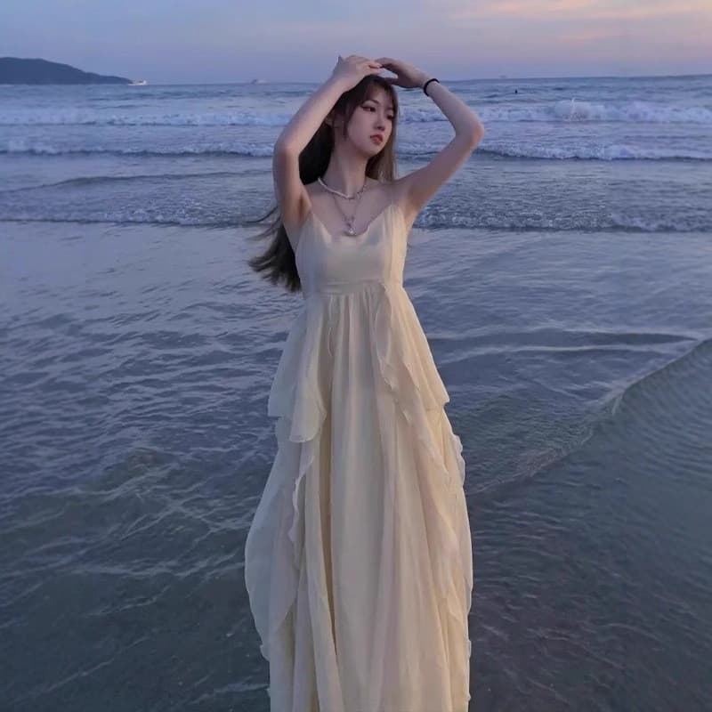 Vestido feminino de alças, estilo fada, para férias na praia, vestido de verão, vestido longo com alças, elegância de de