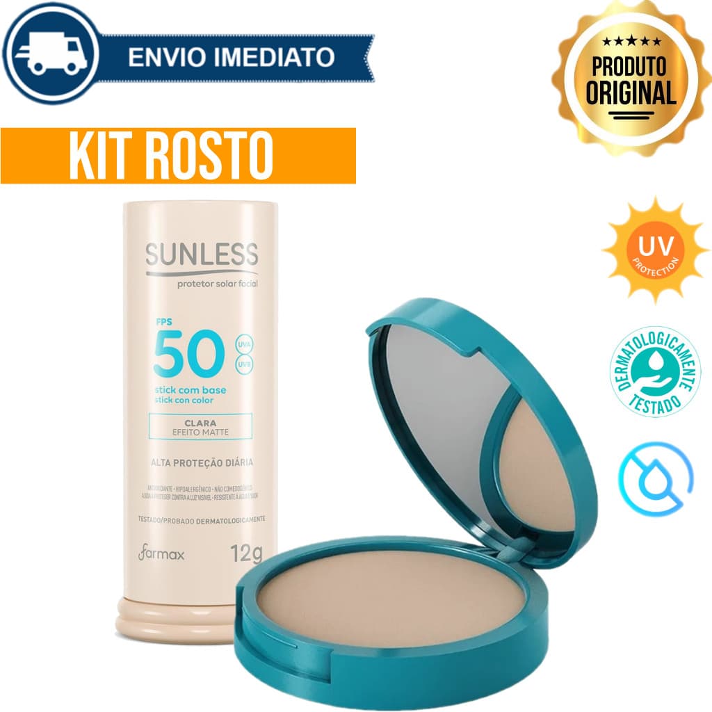 Kit Protetor Solar Facial em Bastão Efeito Matte com Base FPS 50 +  Pó Compacto com Protetor Solar FPS 50 Envio Imediato