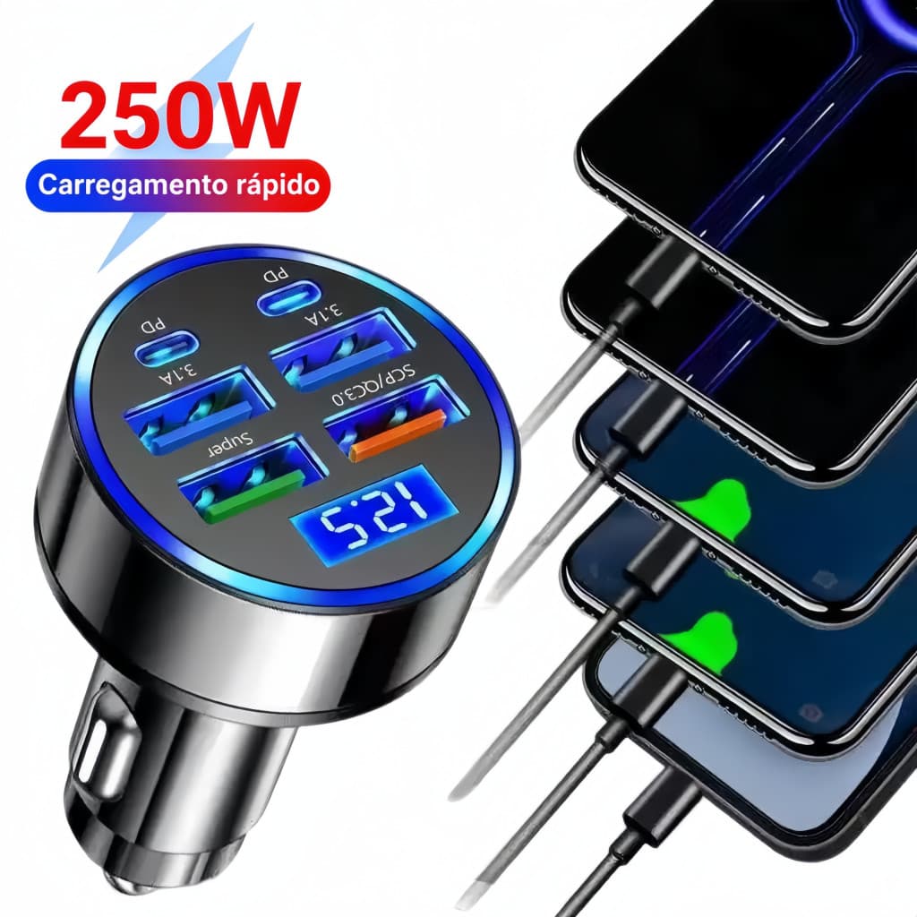 Carregador de carro USB 6 portas com carregamento rápido, display digital, adaptador PD QC 3.0, multifuncional