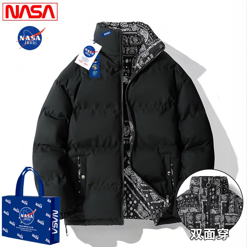 Jaqueta acolchoada dupla face da marca NASA Jaqueta masculina solta tamanho grande jaqueta acolchoada grossa gola alta c